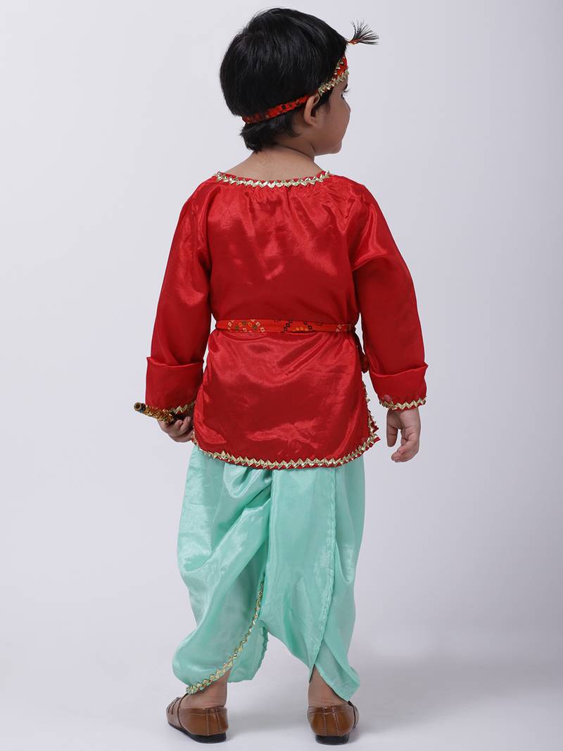 Red Dhoti Kurta Krishna Kanhaiya Suit With Mukut And Bansuri