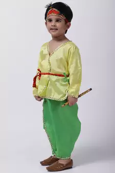 Yellow Dhoti Kurta Krishna Kanhaiya Suit With Mukut And Bansuri