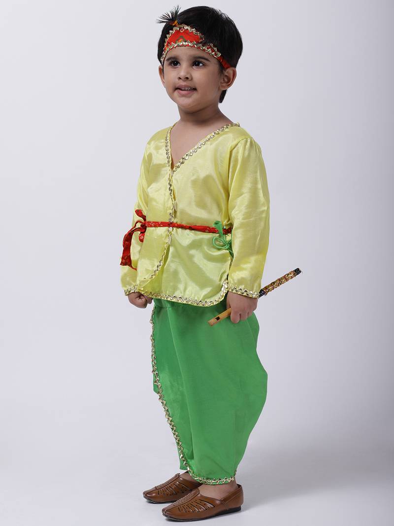 Yellow Dhoti Kurta Krishna Kanhaiya Suit With Mukut And Bansuri