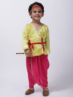 Yellow Dhoti Kurta Krishna Kanhaiya Suit With Mukut And Bansuri 1