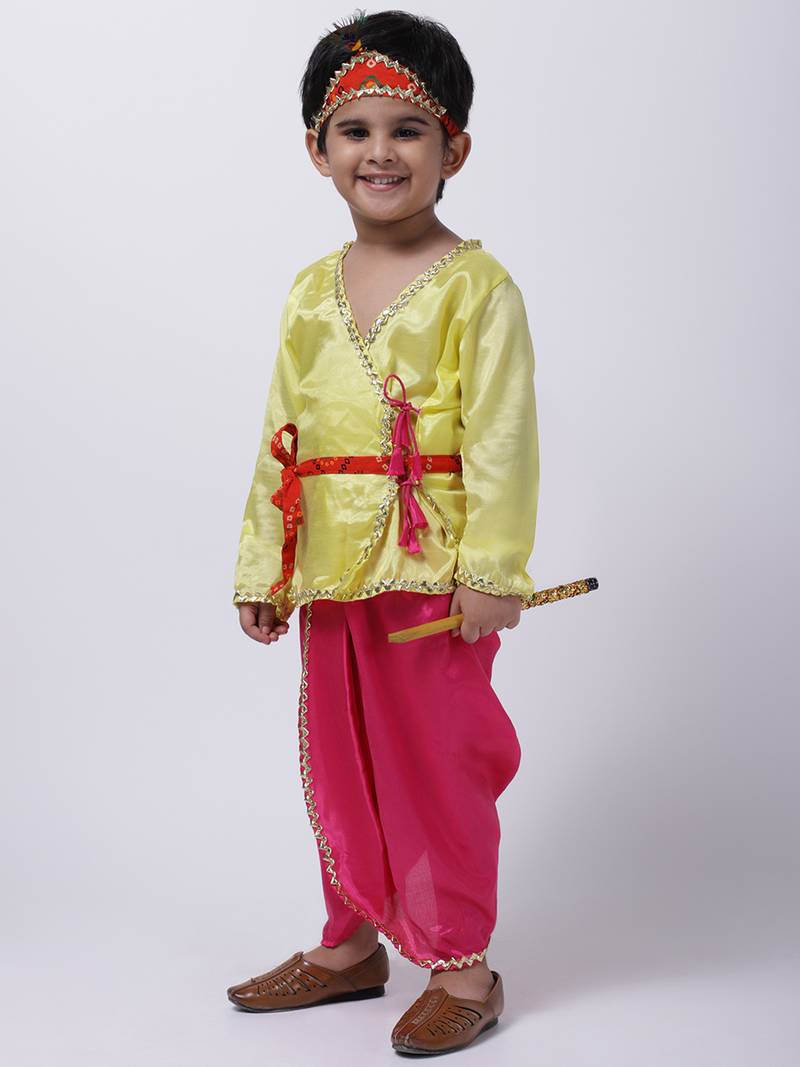 Yellow Dhoti Kurta Krishna Kanhaiya Suit With Mukut And Bansuri