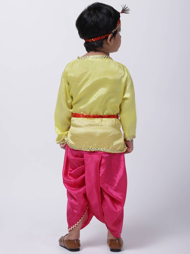 Yellow Dhoti Kurta Krishna Kanhaiya Suit With Mukut And Bansuri