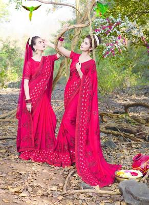   dark pink embroidered satin saree with blouse 1