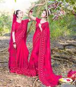   dark pink embroidered satin saree with blouse