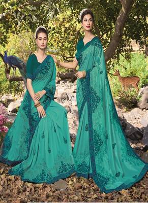 Turquoise Embroidered Satin Saree With Blouse 1