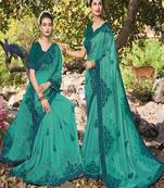 Turquoise Embroidered Satin Saree With Blouse