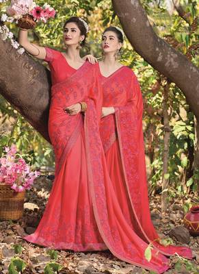 Scarlet Red Embroidered Satin Saree With Blouse 1