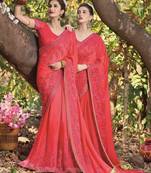 Scarlet Red Embroidered Satin Saree With Blouse