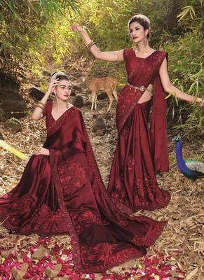 Maroon embroidered satin saree with blouse 1