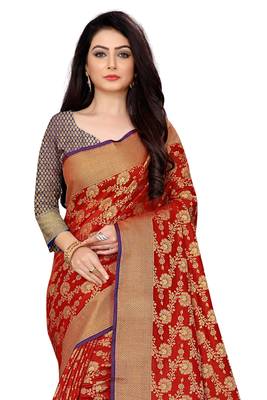 Red woven banarasi saree with blouse 4