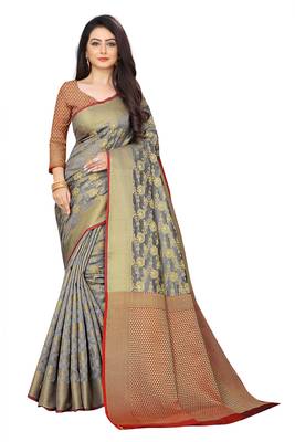 Grey woven banarasi saree with blouse 1