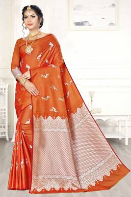 Orange woven banarasi saree with blouse 1