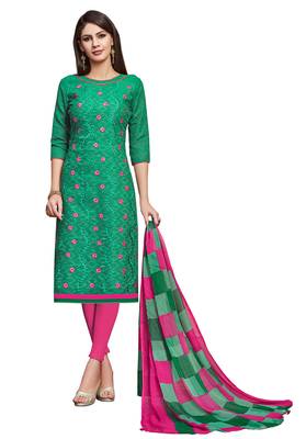 Green embroidered cotton unstitched salwar with dupatta 1