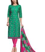 Green embroidered cotton unstitched salwar with dupatta