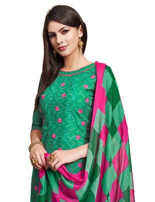 Green embroidered cotton unstitched salwar with dupatta 2