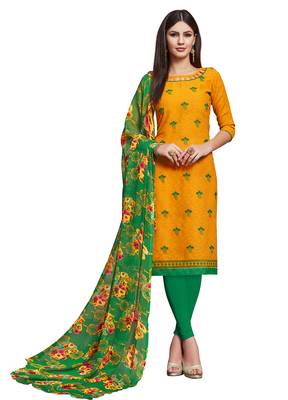 Mustard embroidered cotton unstitched salwar with dupatta 1