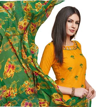 Mustard embroidered cotton unstitched salwar with dupatta 2