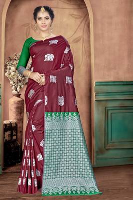 Maroon woven banarasi saree with blouse 1
