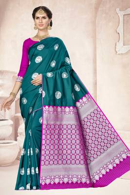 Green woven banarasi saree with blouse 1