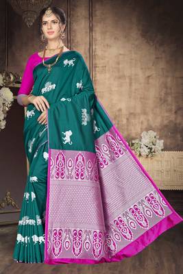 Green woven banarasi saree with blouse 1