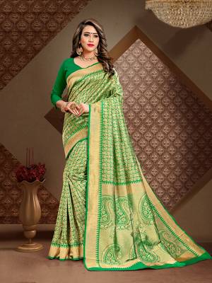 Light parrot green woven banarasi saree with blouse 1