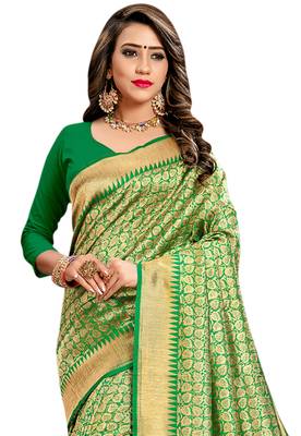 Light parrot green woven banarasi saree with blouse 2
