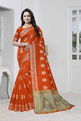 Orange woven banarasi saree with blouse 1