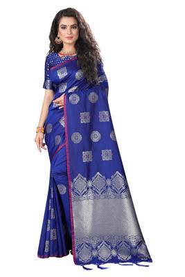 Blue Woven Silk Blend Saree With Blouse 1