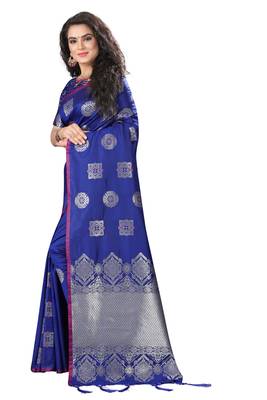 Blue Woven Silk Blend Saree With Blouse 2