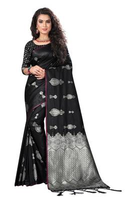 Black Woven Silk Blend Saree With Blouse 1