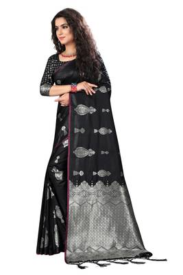 Black Woven Silk Blend Saree With Blouse 2