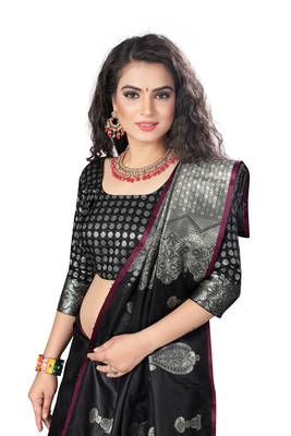 Black Woven Silk Blend Saree With Blouse 4
