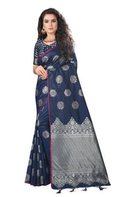Blue Woven Silk Blend Saree With Blouse 1