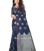 Blue Woven Silk Blend Saree With Blouse
