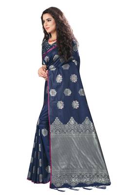 Blue Woven Silk Blend Saree With Blouse 2