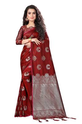 Maroon Woven Silk Blend Saree With Blouse 1
