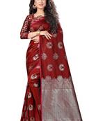 Maroon Woven Silk Blend Saree With Blouse
