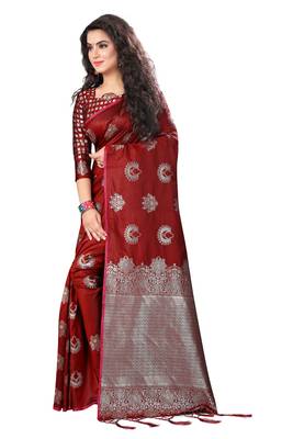 Maroon Woven Silk Blend Saree With Blouse 2