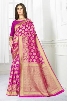 Pink woven banarasi saree with blouse 1
