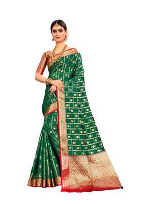 Green woven silk blend saree with blouse 1