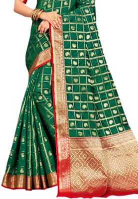 Green woven silk blend saree with blouse 2