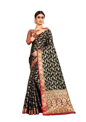 Black woven silk blend saree with blouse 1