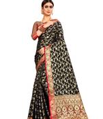 Black woven silk blend saree with blouse