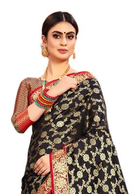 Black woven silk blend saree with blouse 3