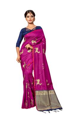 Purple Woven Silk Blend Saree With Blouse 1