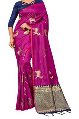 Purple Woven Silk Blend Saree With Blouse 2