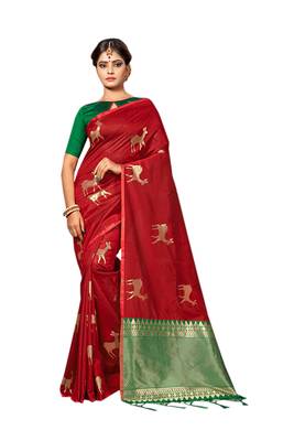 Maroon Woven Silk Blend Saree With Blouse 1