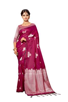 Purple Woven Silk Blend Saree With Blouse 1