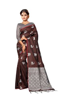 Brown Woven Silk Blend Saree With Blouse 1