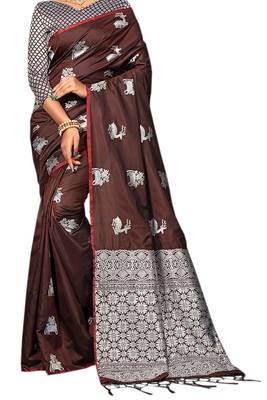 Brown Woven Silk Blend Saree With Blouse 2